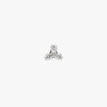 This image is a silver toned titanium flatback stud with a titanium center and three crystal CZ stones forming a triangle against a white background. 