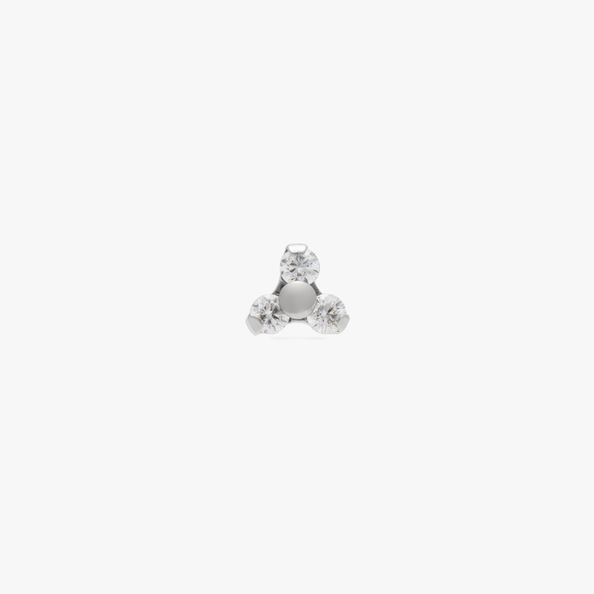 This image is a silver toned titanium flatback stud with a titanium center and three crystal CZ stones forming a triangle against a white background. 