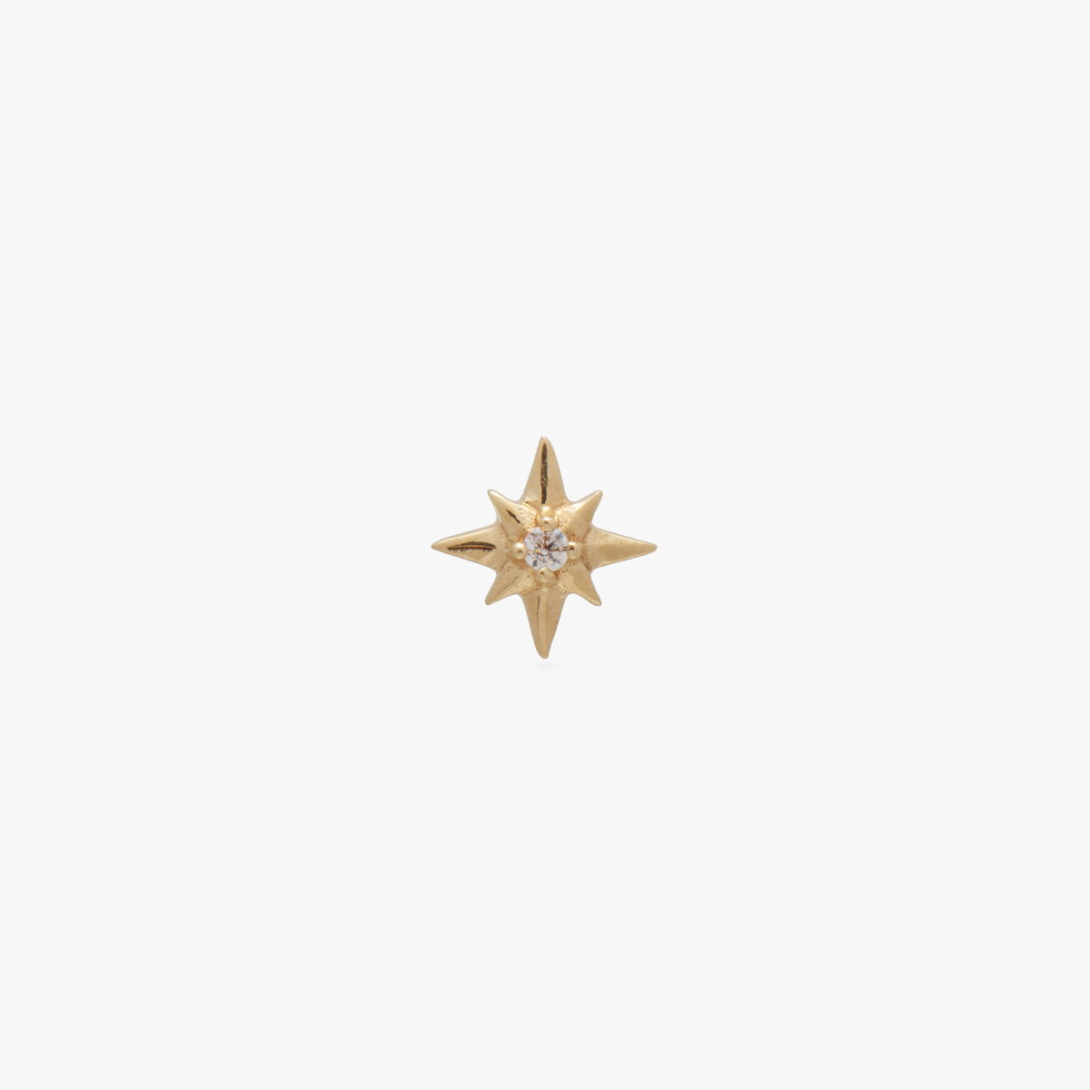 This image is a twinkle star-shaped 14K gold flatback stud with a crystal CZ stone center against a white background. 