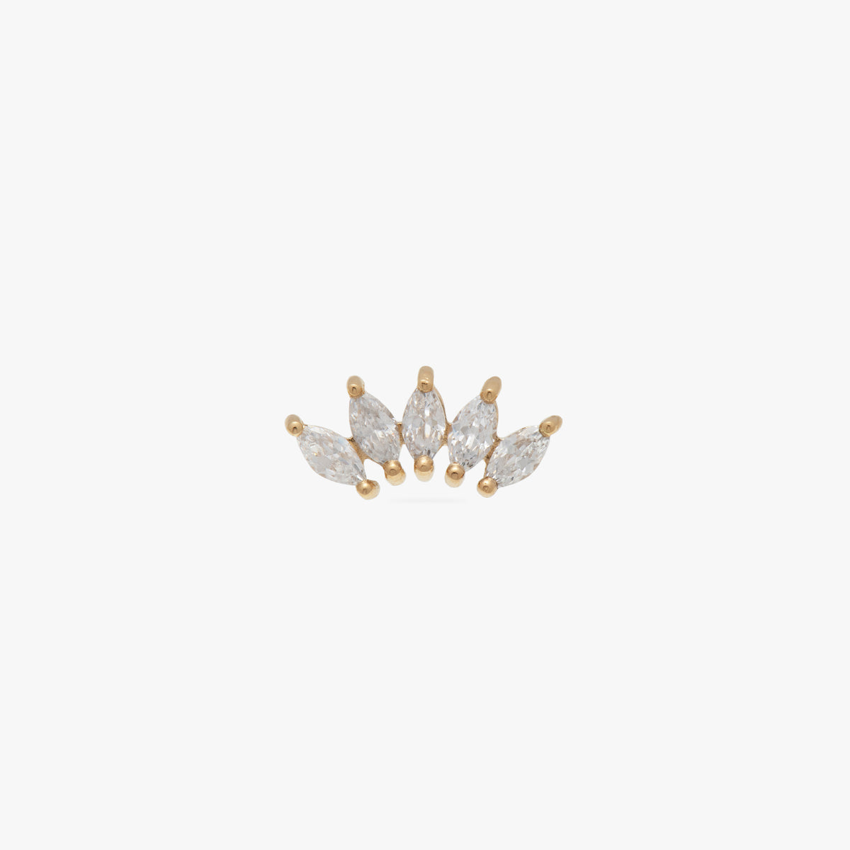 This image is a 14K gold flatback stud that features 5 marquise set crystal CZs in a crown shape on a white background. - Main view