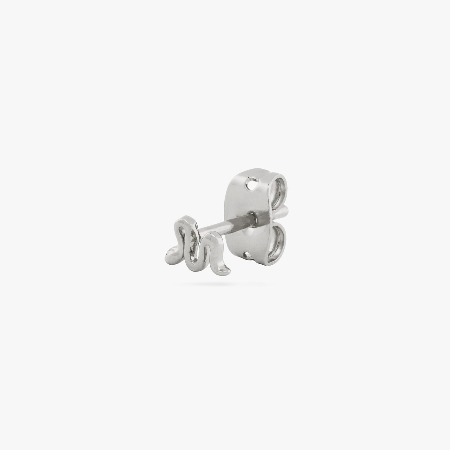 This is a small silver stud in the shape of a snake color:null|silver