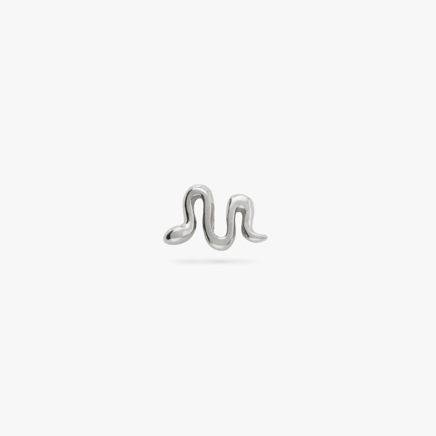 This is a small silver stud in the shape of a snake color:null|silver