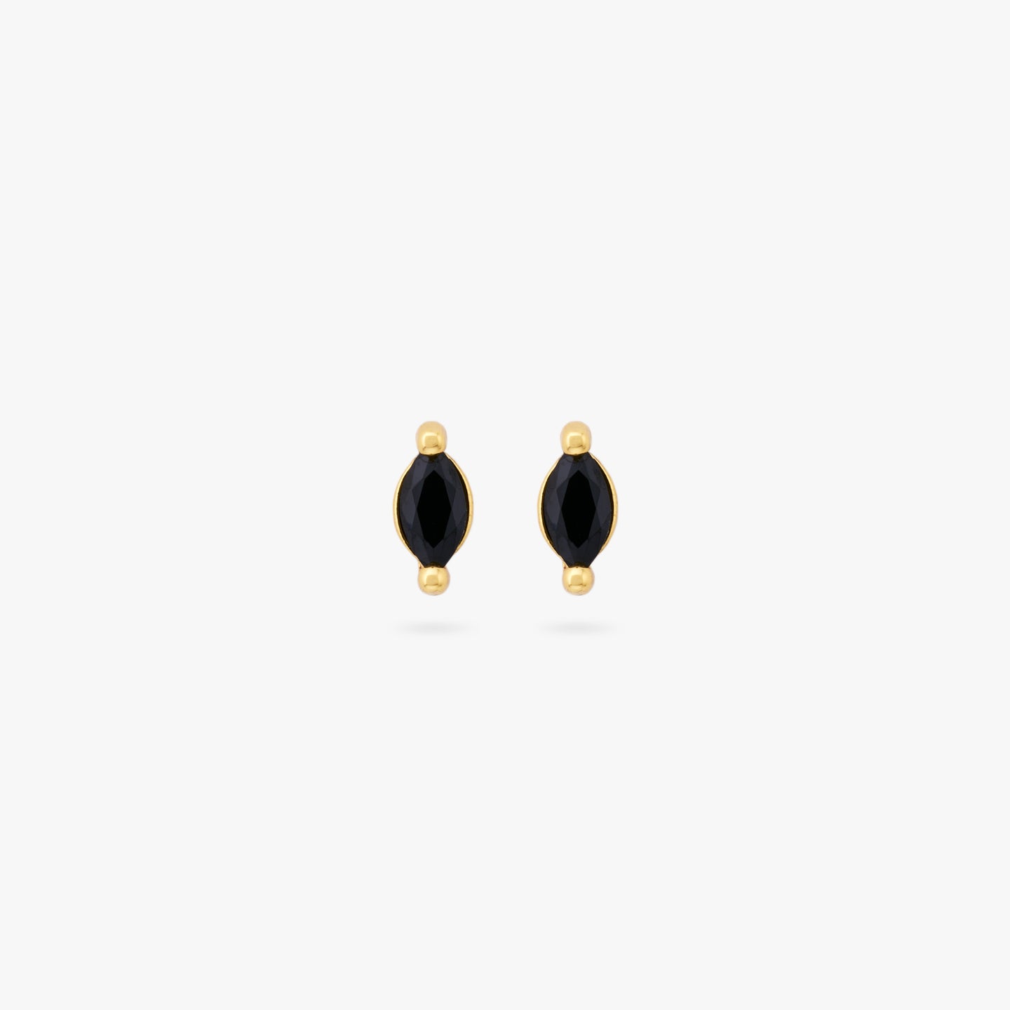 This is a pair of marquise mini studs featuring a black oblong shaped gems and has gold accents. [pair] color:null|gold/black