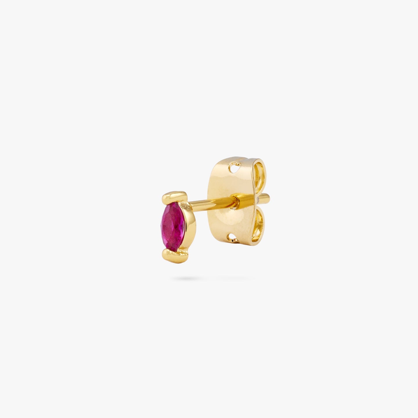 The marquise mini stud features a pink oblong shaped gem and has gold accents color:null|gold/pink