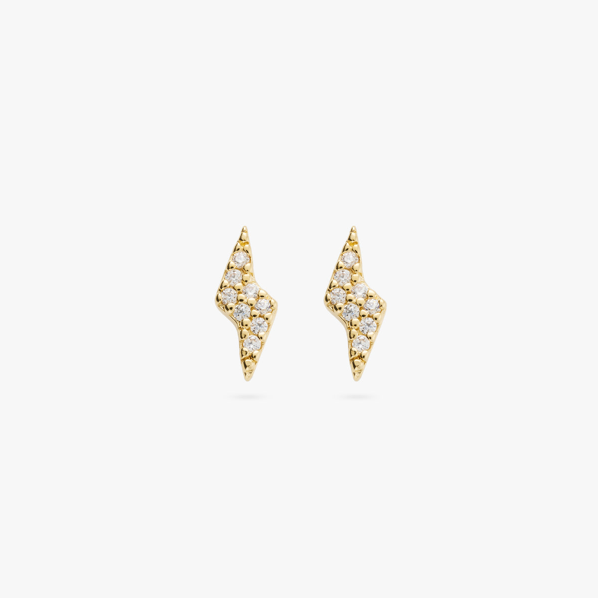 This is a pair of gold plated pave lightning bolt studs with clear cz stones 