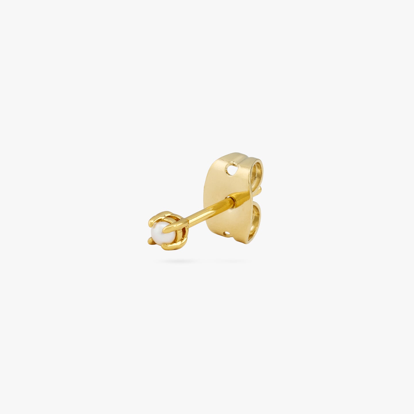 This is a small gold stud with a pearl accent color:null|gold