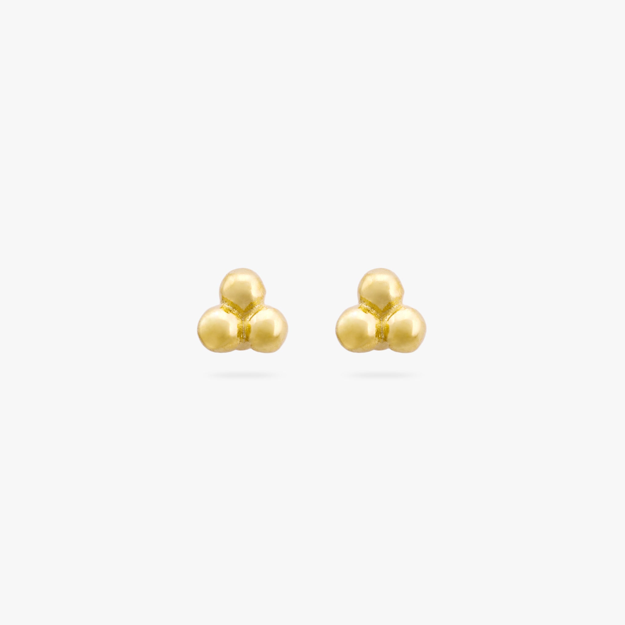 A pair of three gold beads stacked in a triangle formation on a stud post [pair] color:null|gold