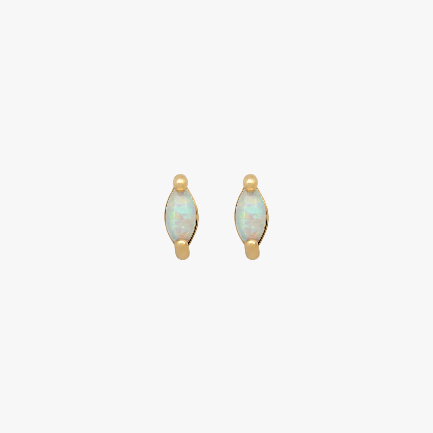 This is a pair of marquise mini studs featuring an opal oblong shaped gems and has gold accents. [pair] color:null|gold/opal