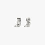 This is a small silver cowboy boot shaped stud with detailing [pair] color:null|silver