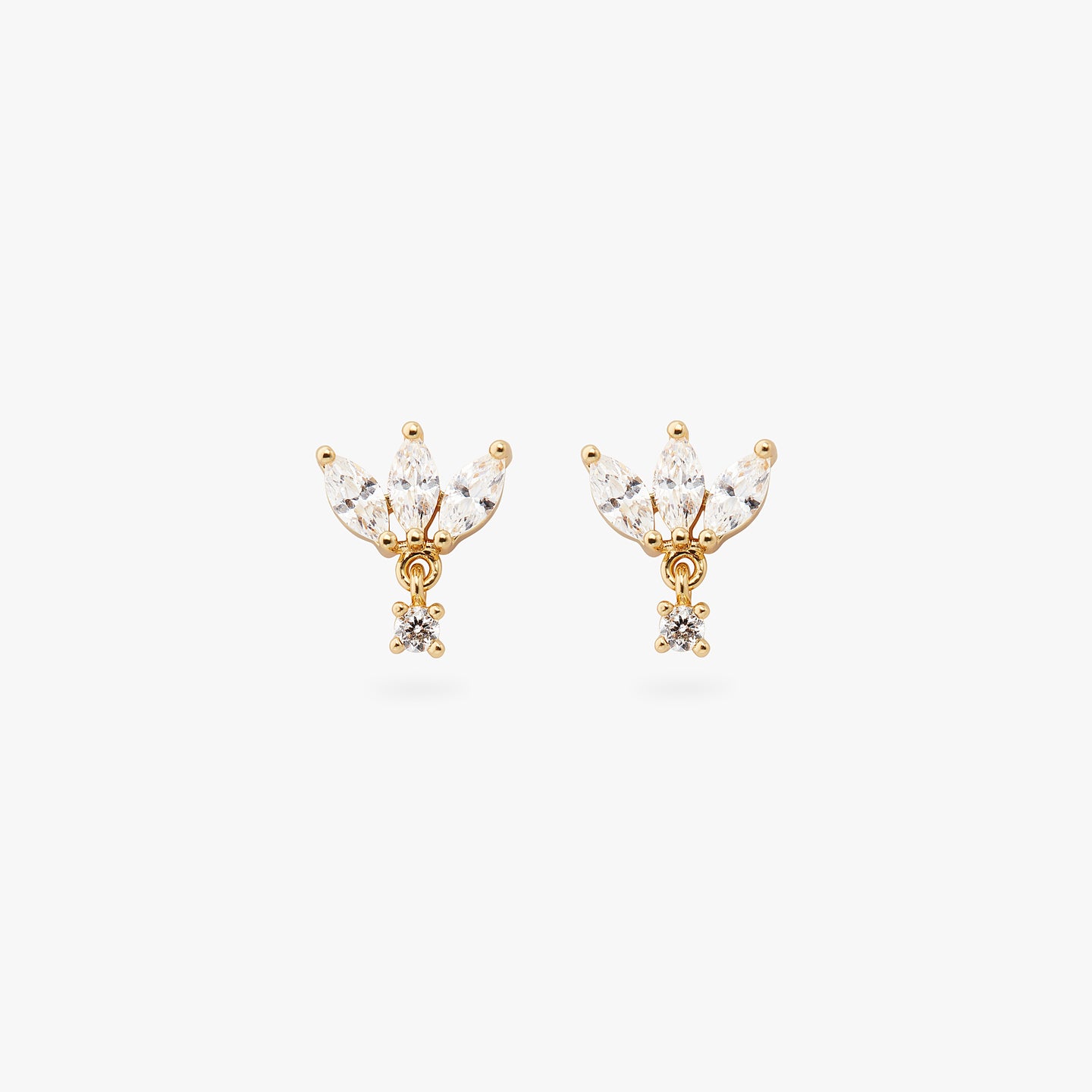 a pair of gold studs that are crown-shaped clear marquise shaped CZs with a dangle cz [pair] color:null|gold/clear