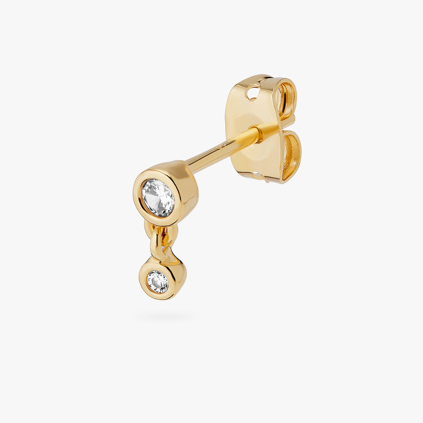 a gold plated bezel stud with a clear cz and another clear bezel cz hanging from it color:null|gold/clear