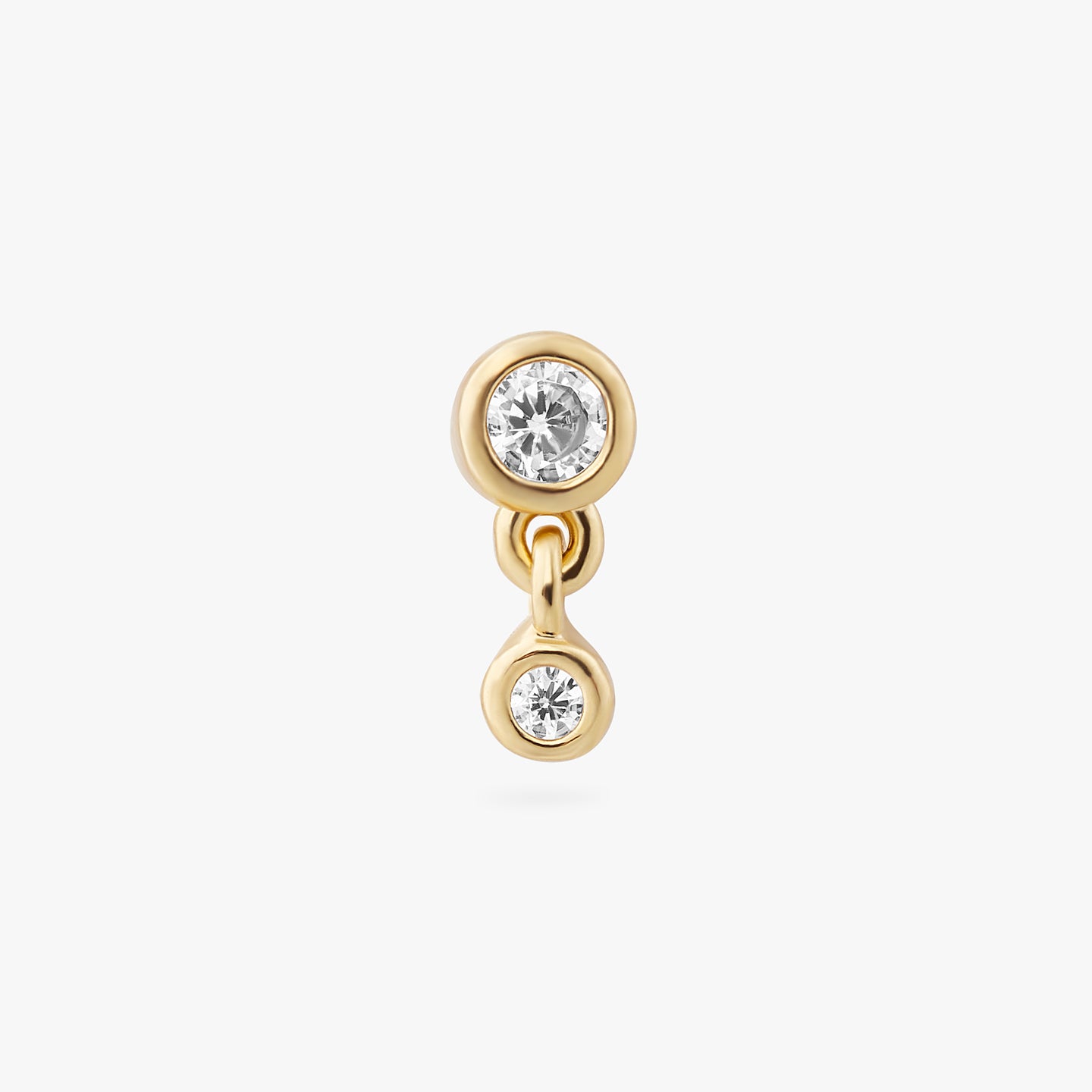 a gold plated bezel stud with a clear cz and another clear bezel cz hanging from it color:null|gold/clear