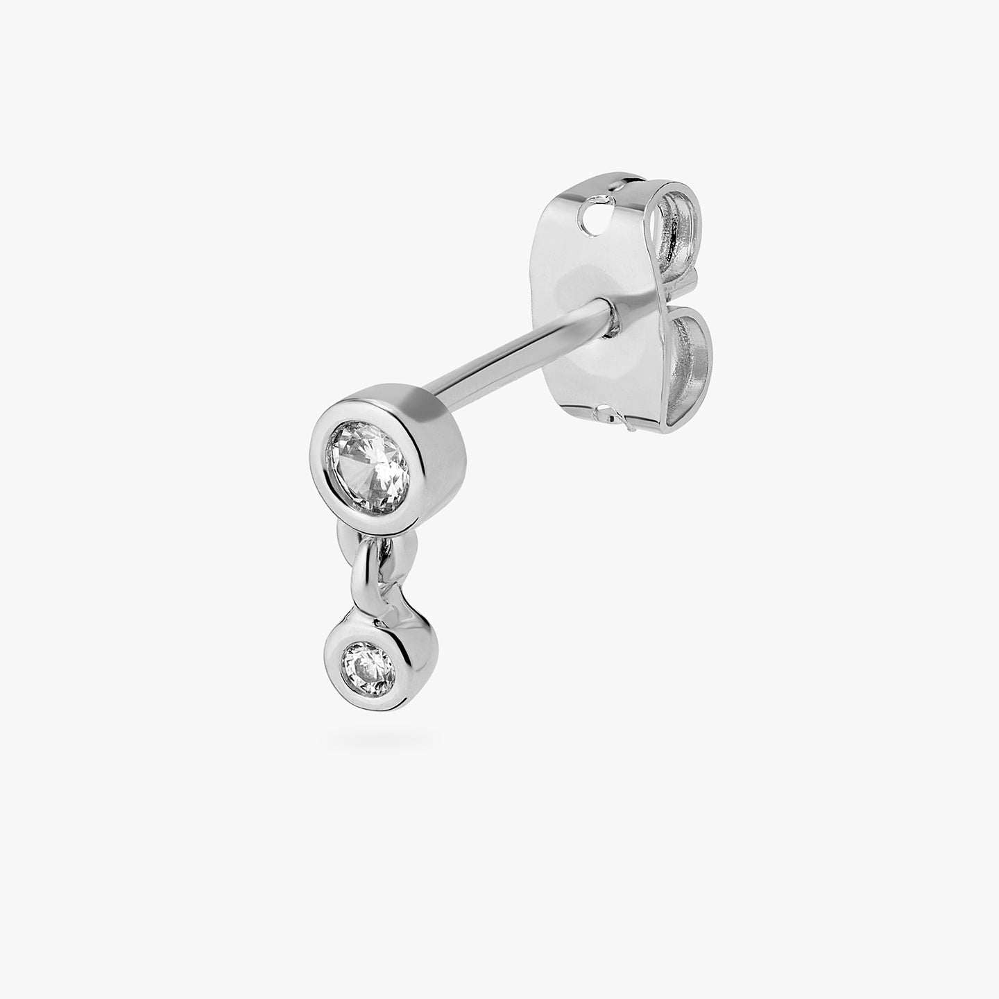 a silver plated bezel stud with a clear cz and another clear bezel cz hanging from it color:null|silver/clear