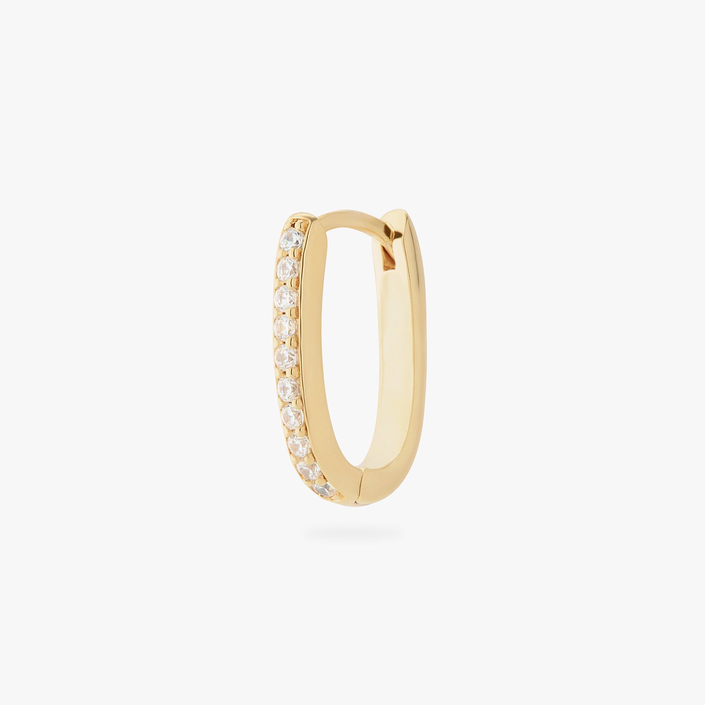 a gold medium oval hoop that has one side pave color:null|gold/clear