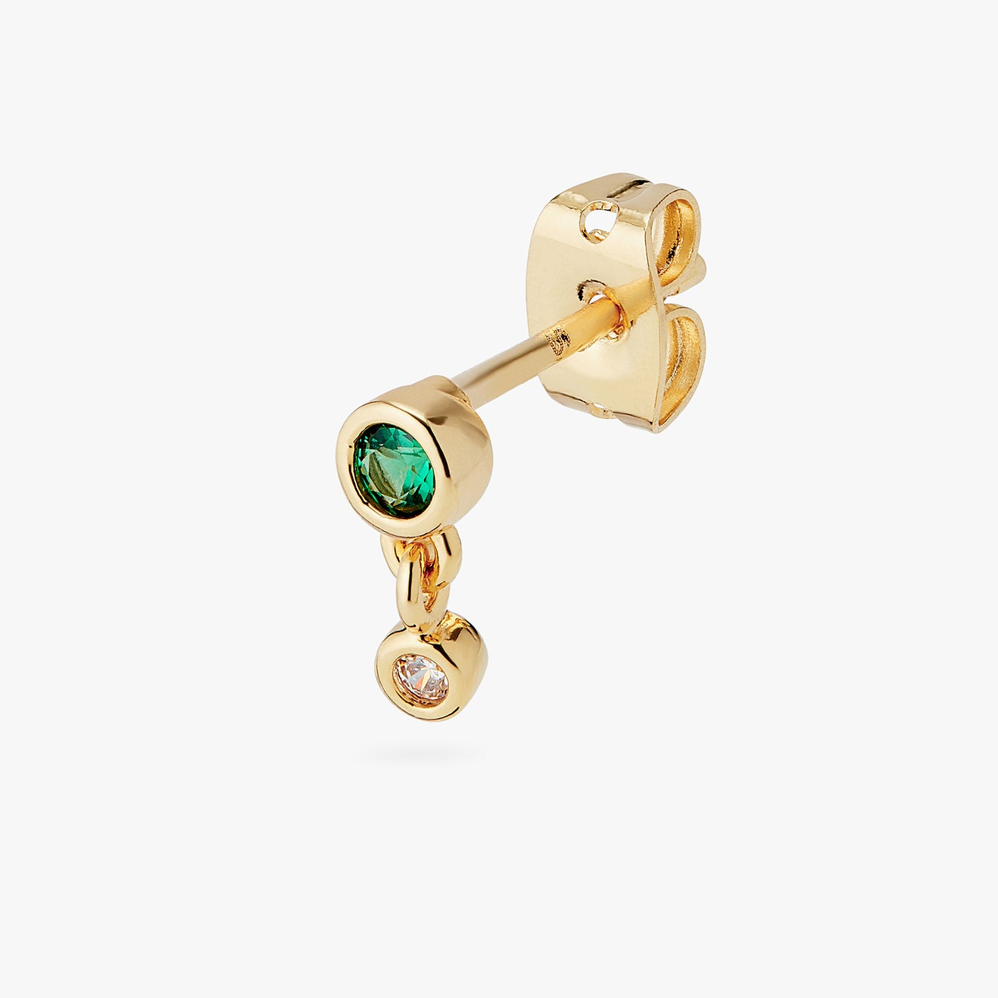 a gold plated bezel stud with a green cz and another clear bezel cz hanging from it color:null|gold/green