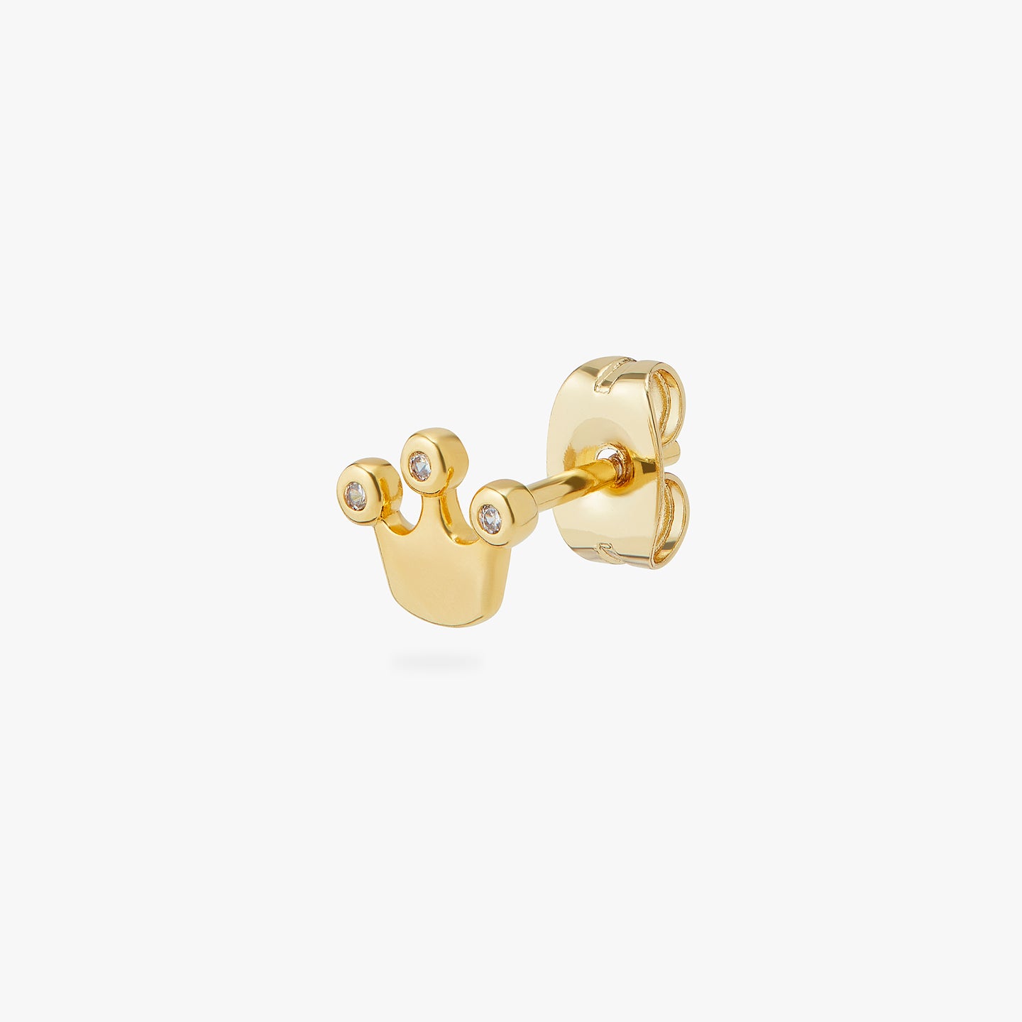 a small gold stud in the shape of a crown with CZs at the points color:null|gold/clear