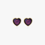 a pair of gold studs in the shape of hearts with color changing mood stones 