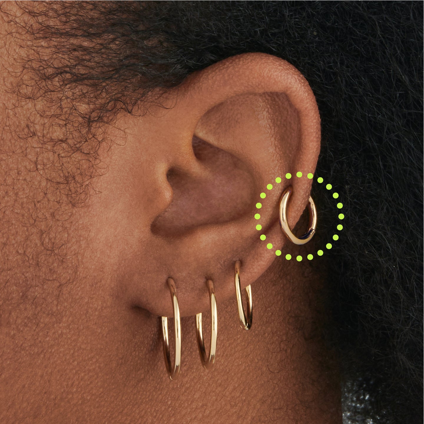 Small slim gold huggie. on ear [hover] color:null|gold